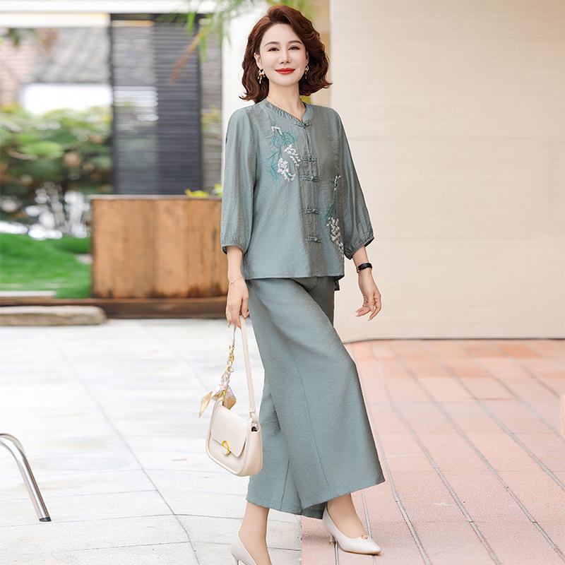 

Elegant Summer Suit: Wide-Leg and Seven-Sleeve Two-Piece for Middle-Aged and Elderly Women 5XL (145-160 jin)