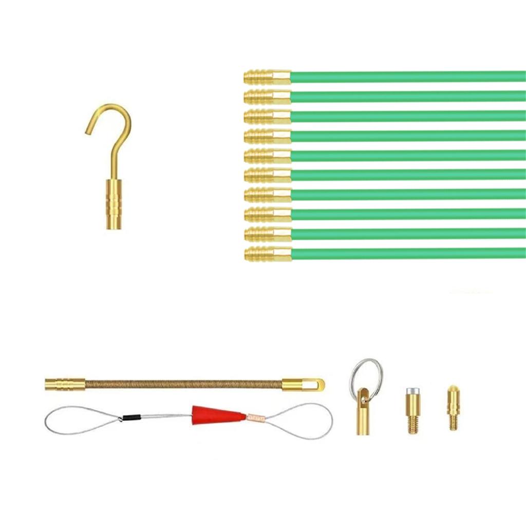 2026+ Fiberglass Fish Tape Cable Rods, Electrical Wire Running Pull/Push Kit with Hook and Hole Kit Glow Rod, Hook Hole