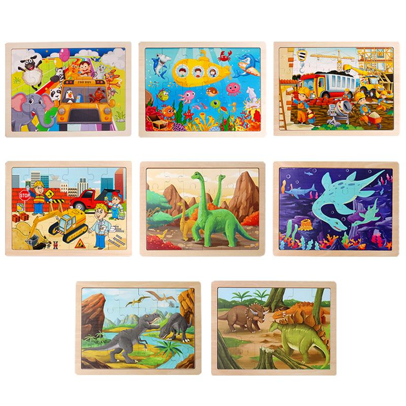 Laserový srub 24 dílků Dřevěné puzzle Dětské zvířecí kreslené dinosauří letadlo Puzzle hračka