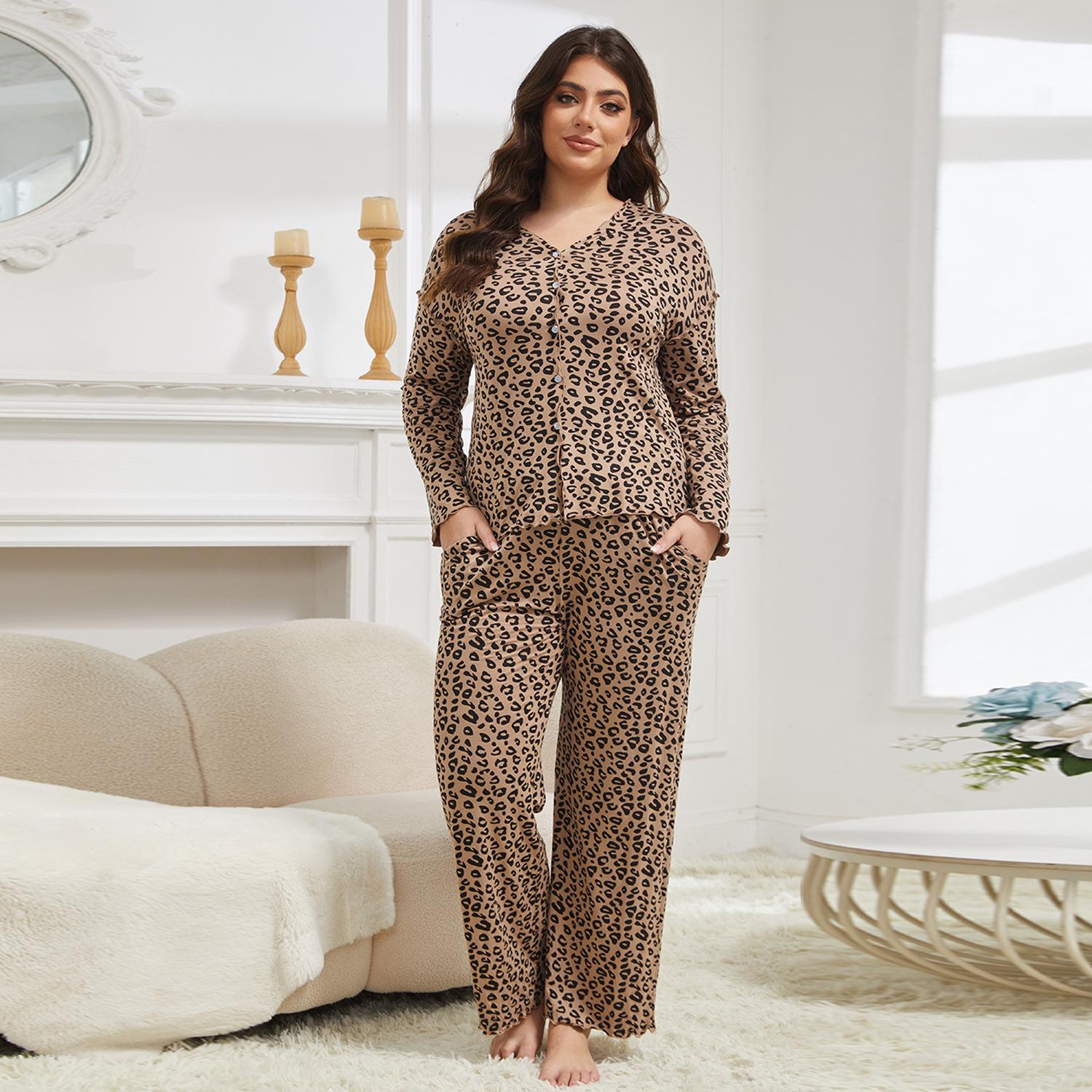 

XL до 5XL Большие размеры Леопардовые пижамные комплекты Модная домашняя одежда Костюм из 2 предметов Футболка с длинным рукавом и брюки Удобная ночная одежда Повседневная одежда для сна 5XL