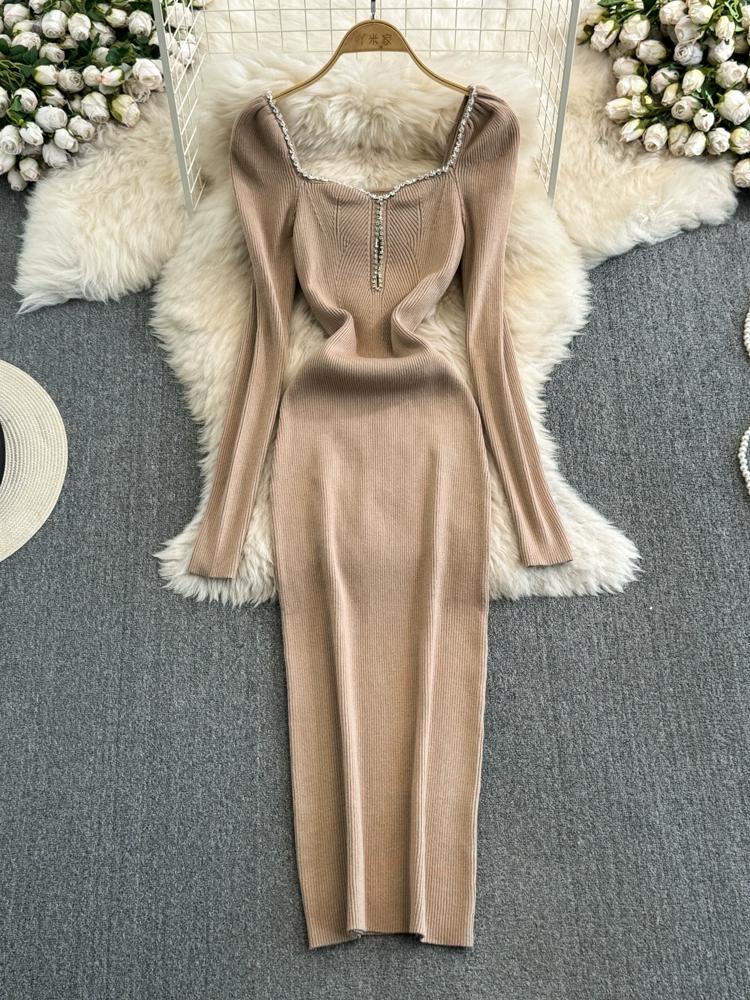 Autumn and Winter Long Sleeved Diamond Studded Square Collar with Cinched Waist for Slimming Effect Medium To Long Version Knitted Dress for Women