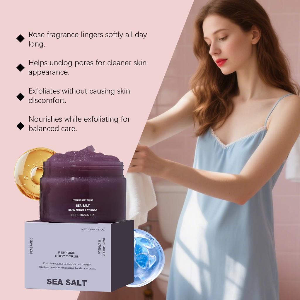 Perfume Body Scrub Hydrating Smoothing Skin Natural Exfoliating Salt Rose Coral Amber Vanilla Scent Moisturizing Cleansing Skin