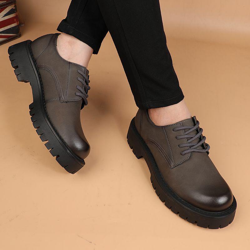 Men's Korean Fashion Casual Leather Lace-up Round Toe Shoes with Thick Sole - Business and Retro Style