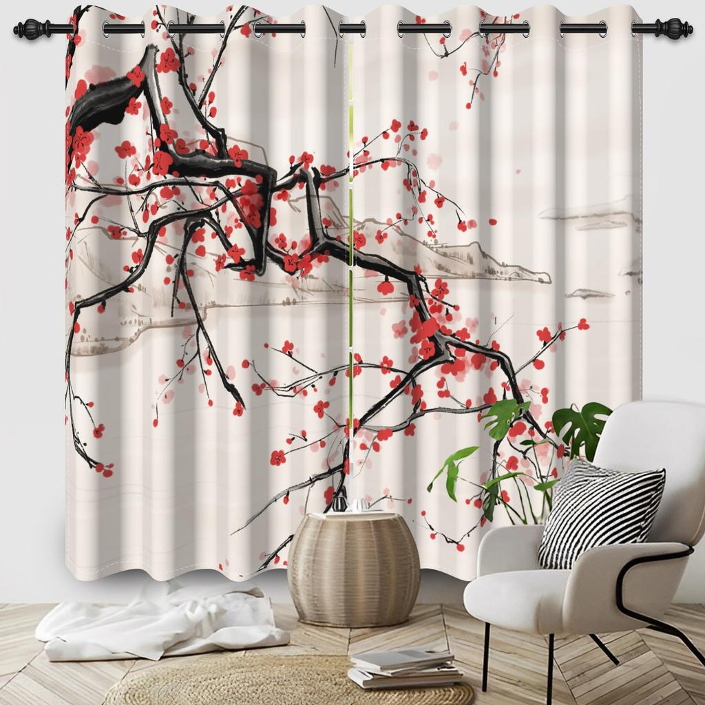 2pcs/Set Cherry Blossom Window Curtain Japanese Scenery Mount Fuji Sun Bedroom Living Room Polyester Blackout Soundproof Curtain