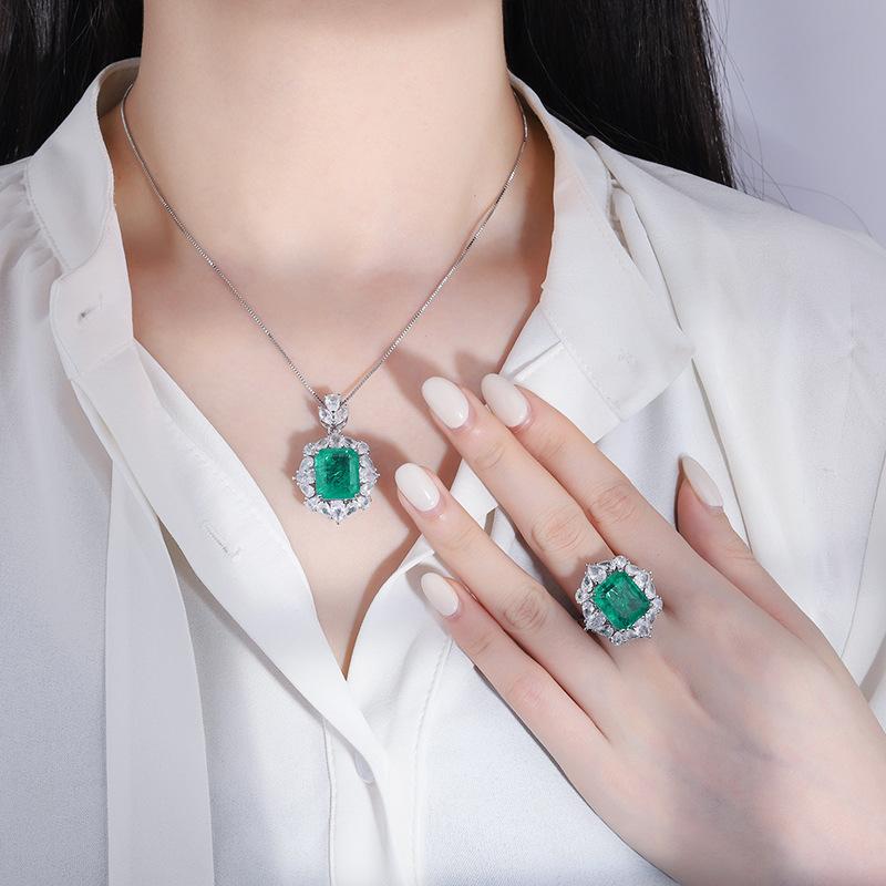 European and American retro simulation emerald pendant ring hand-set diamond women's main stone 12 * 14