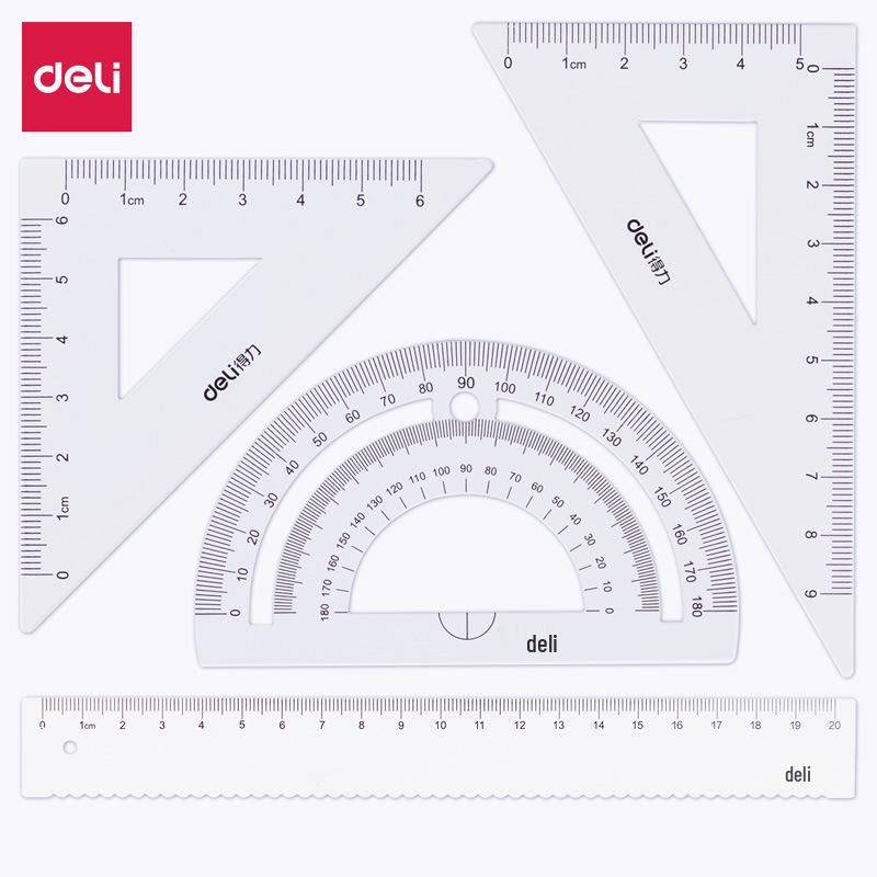 79532 Deli Student Drafting Ruler Set: Includes Straight Ruler, Two Triangle Rulers, and Protractor