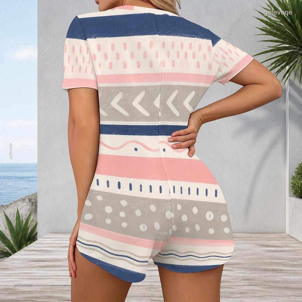 Women Plus Size V Neck Short Sleeve Button Front Printed Romper