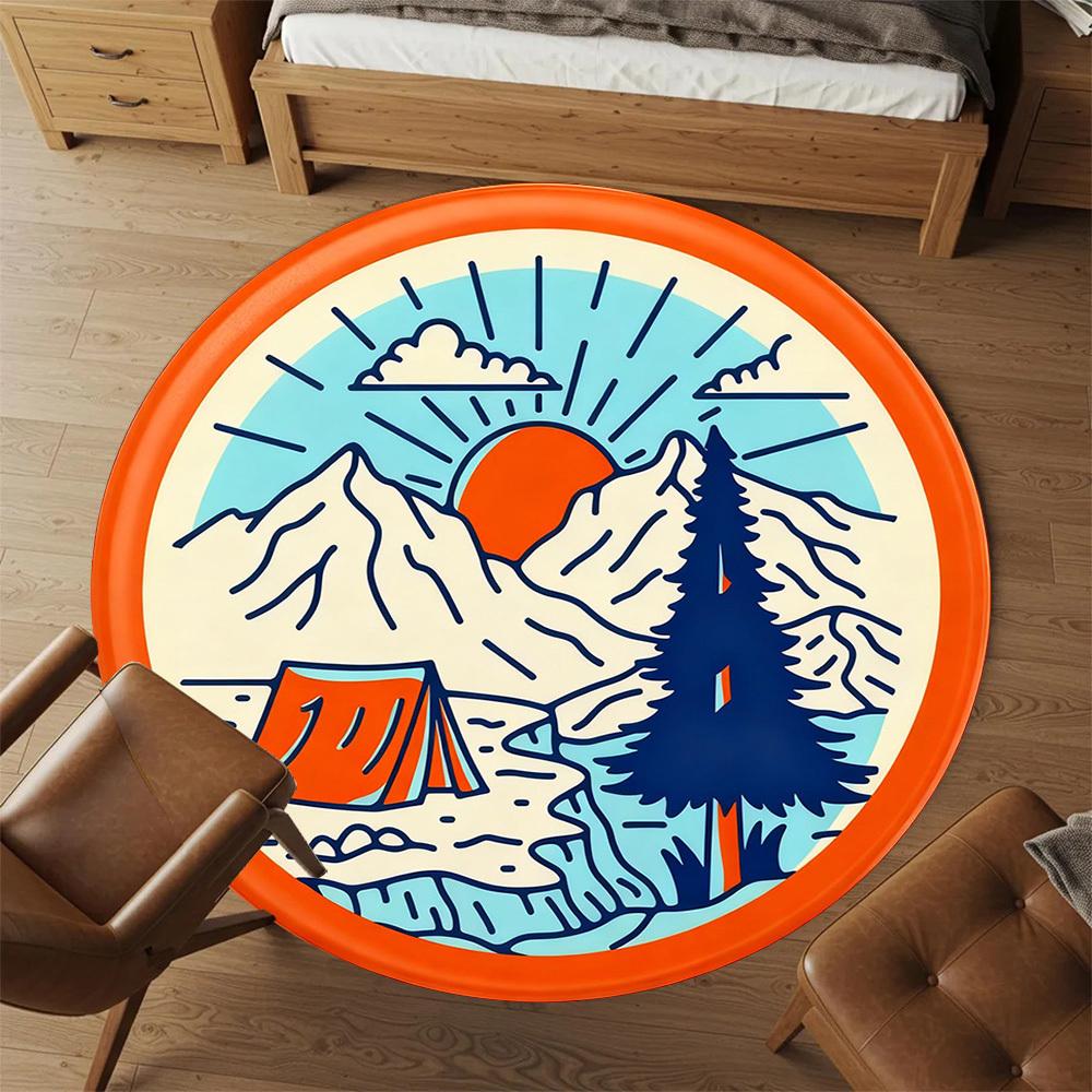 1pc Camping Mountain Round Chair mat office Area Rug - Non-Slip, Floor Mat for Office, Bedroom, Ideal home decor gift p0105049