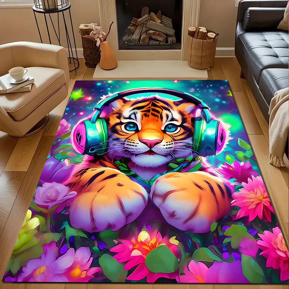 Cute Tiger Cub with Headphones & Flowers Patterned Carpet, Non Slip Mat Suitable for Living Room and Bedroom Sofas