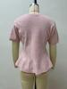 European French Style Pearl Embellished Knit Top - Short-Sleeved, Soft, Waist-Cinching, Ruffled, Plush Women's Top