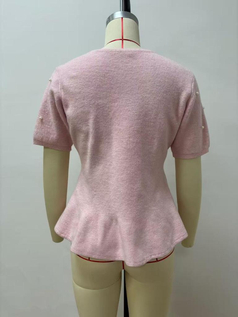 European French Style Pearl Embellished Knit Top - Short-Sleeved, Soft, Waist-Cinching, Ruffled, Plush Women's Top