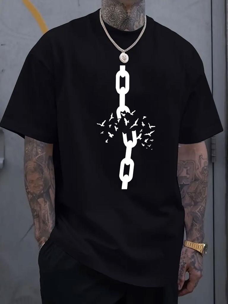 Broken Chain Bird Graphic Print Men's Luxury Cotton Short Sleeved T-shirt Summer Unisex Men's and Women's Street Fashion
