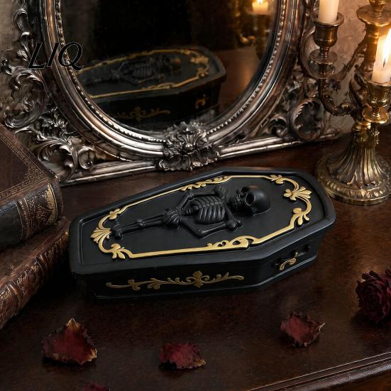 Vintage Bone Texture Box Gothic Skull Casket Jewelry Box, Resin Spooky Storage Figurine for Creative Relief Rings, Halloween Dark Tabletop Organizer,