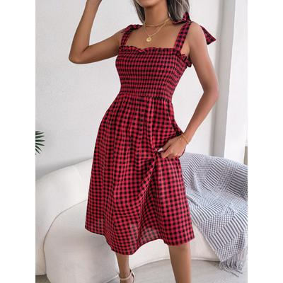 Ins Style Casual Lace Up Contrast Plaid Midi Dress for Women