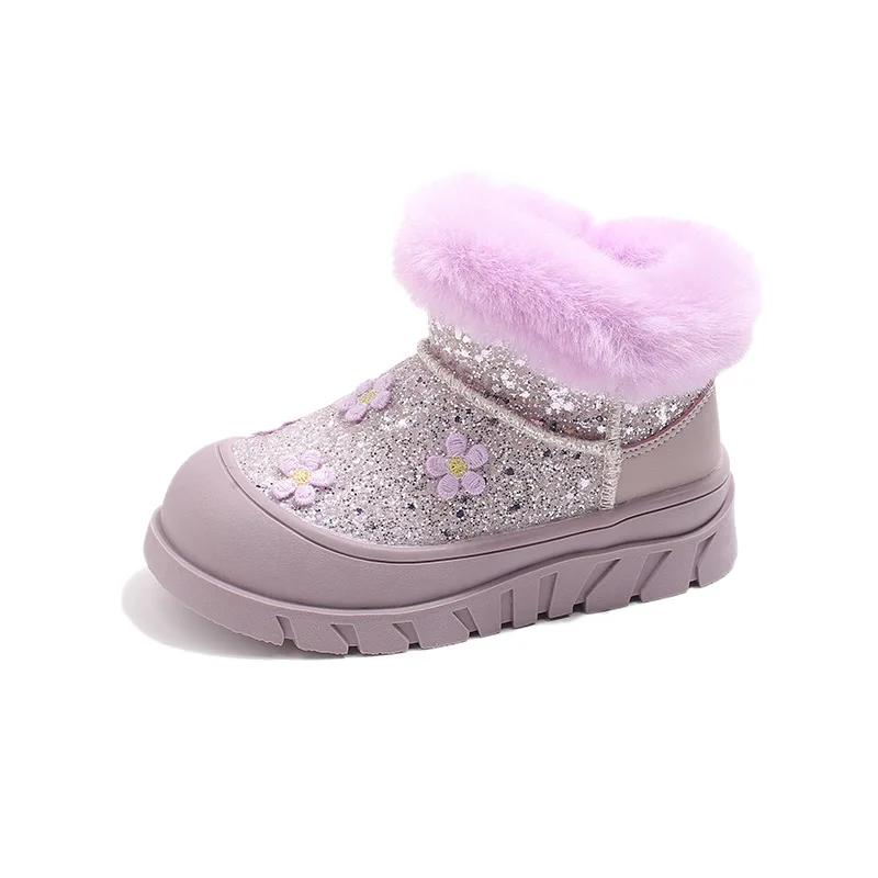 

Ботинки принцессы для девочек с мехом, милые детские зимние ботинки с круглым носком, нескользящие, зимние новые модные детские короткие ботинки 2024 года с цветами 23 фиолетовый