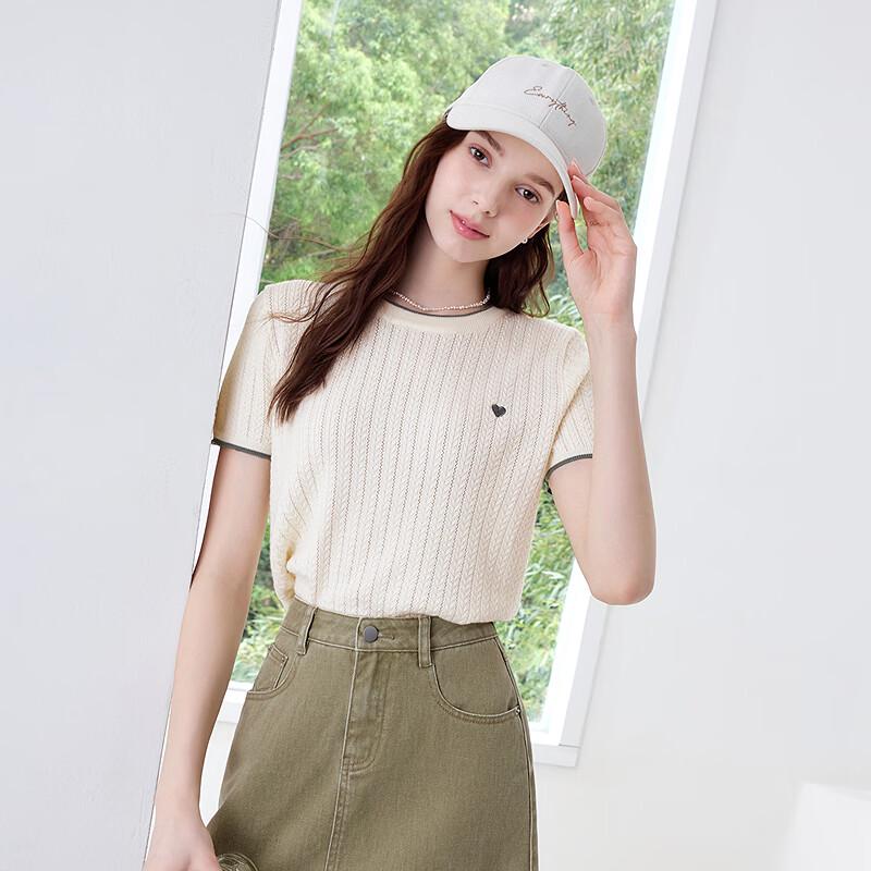 Betu Women's Summer Heart Embroidered Short Sleeve Knit Top