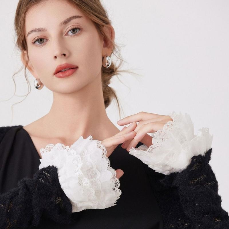 White Lace Faux Sleeves Pair with Gathered Opening for Top Styling Dress Looks and Costume Accessory Wear