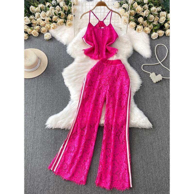 Pure Desire Style Sexy Lace Short Hanging Neck Sling + Contrast Color Stripe Gyaru High Waist Slimming Wide Leg Pants Two-piece Set