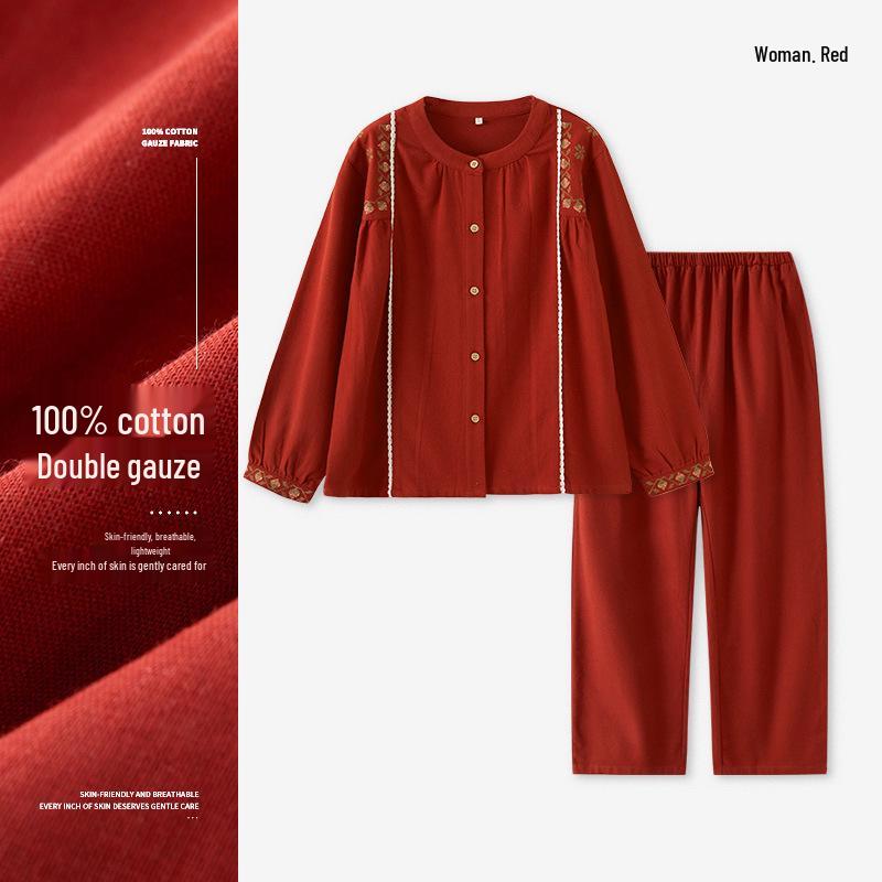 

Lucky Red 75 - Women s Embroidered Pajamas, Cotton Gauze, Sweet Red, Year of the Rat, Long Sleeve Set for Spring/Autumn. XL (130-145kg)