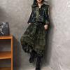 Personality trendy and cool old-fashioned printed denim lapel collar long-sleeved short jacket multi-pocket trousers two-piece set women's autumn 