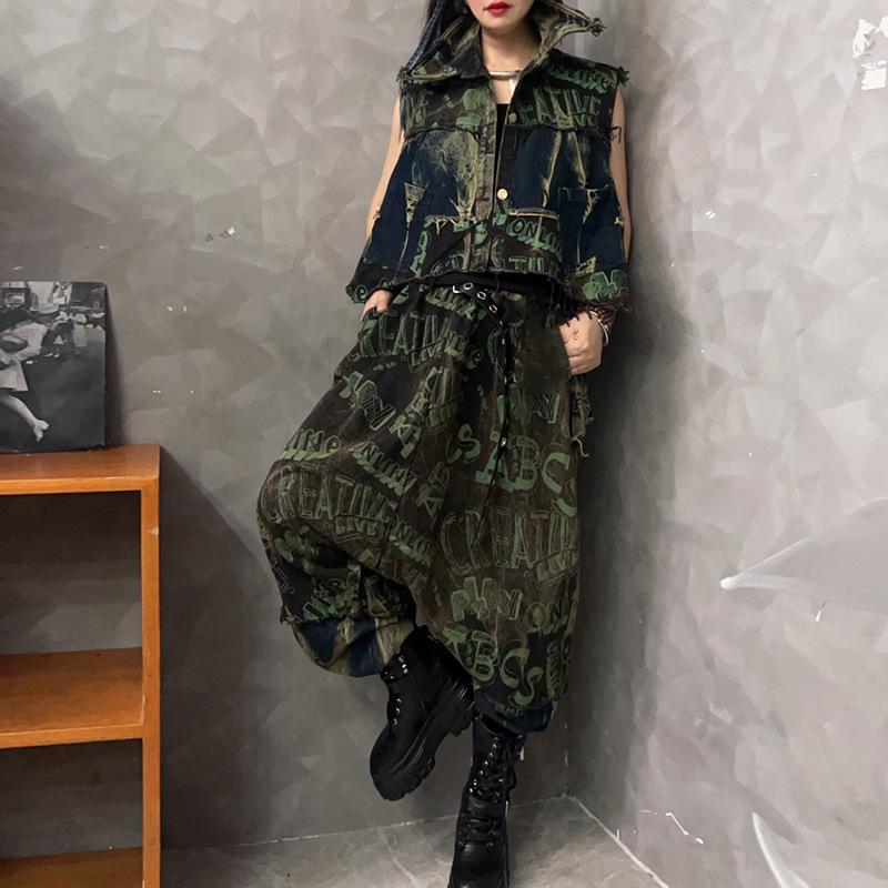Personality trendy and cool old-fashioned printed denim lapel collar long-sleeved short jacket multi-pocket trousers two-piece set women's autumn
