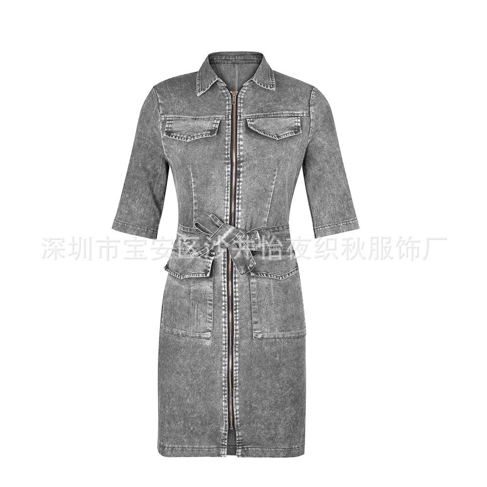 Slim Solid Color Women's Denim Dress with Zipper, Tie Waist - European & American Style