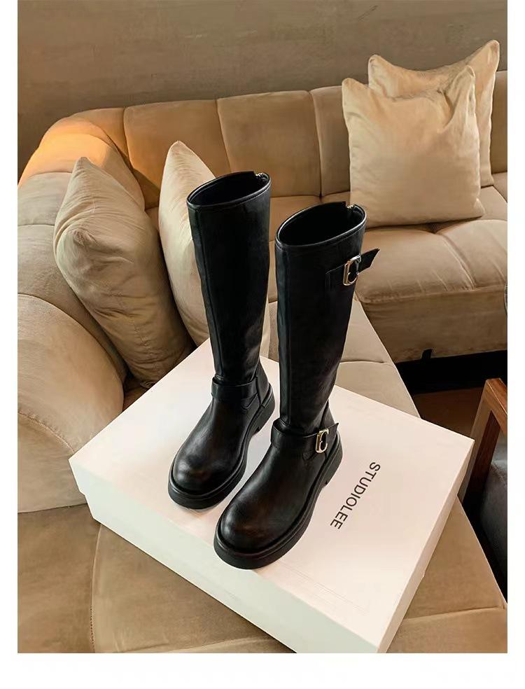 Grape Mom Same Style~ Autumn and Winter Round Head Buckle Belt Thick Heel But Back Zipper Medium High Versatile Knight Boots Women