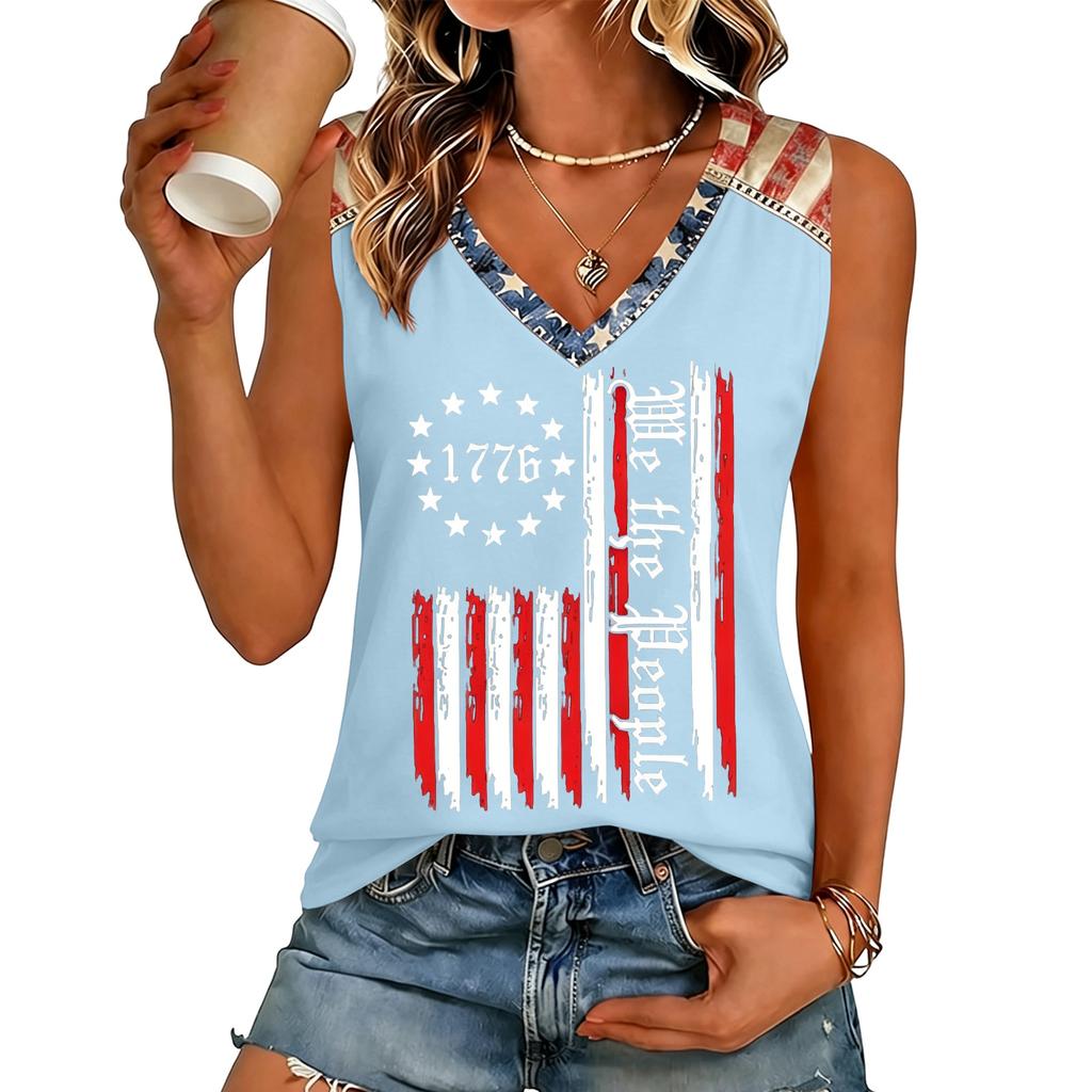 Women Sleeveless V Neck Casual Tank Top Vintage Letter Print Summer Shirt Lightweight Soft Fabric Relaxed Fit
