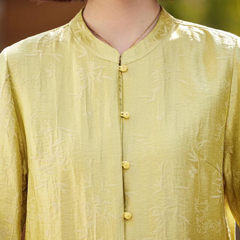 Hemd im chinesischen Stil mit Bambusblattdruck und Stehkragen für Frauen mittleren Alters