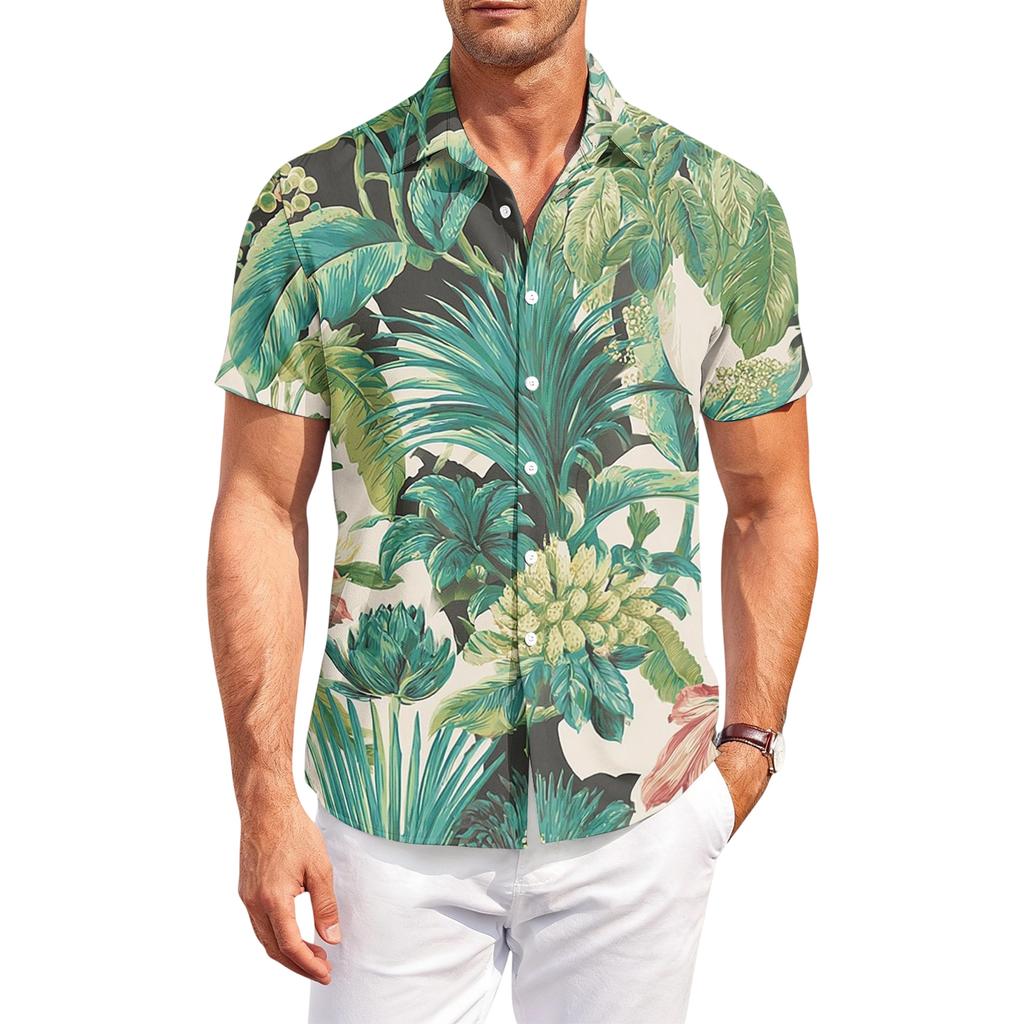 Men's Casual Loose Fit Hawaiian Print Short Sleeve Shirt Button Down Lapel Collar Lightweight Summer Top for Daily Wear