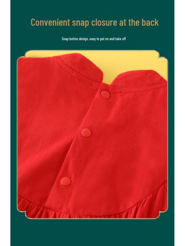 Röd Kortärmad Babyflicka Sommar Romper Onesie - Första Födelsedagsoutfit, 100-dagarsfirande - Stil 5391