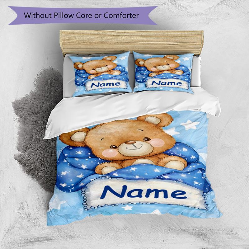 3PC Custom Name Teddy Bear Dreams Bedding Set Duvet Cover Closure Includes 1 Duvet Cover & 2 Pillowcases for Bedroom