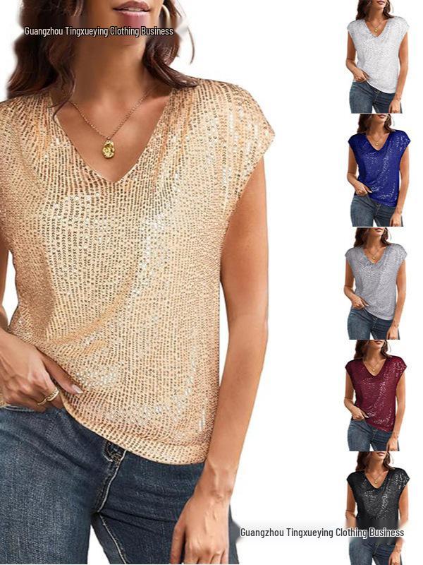 European Cross-border Women's Short Sleeve Sequin V-neck Party Shirt