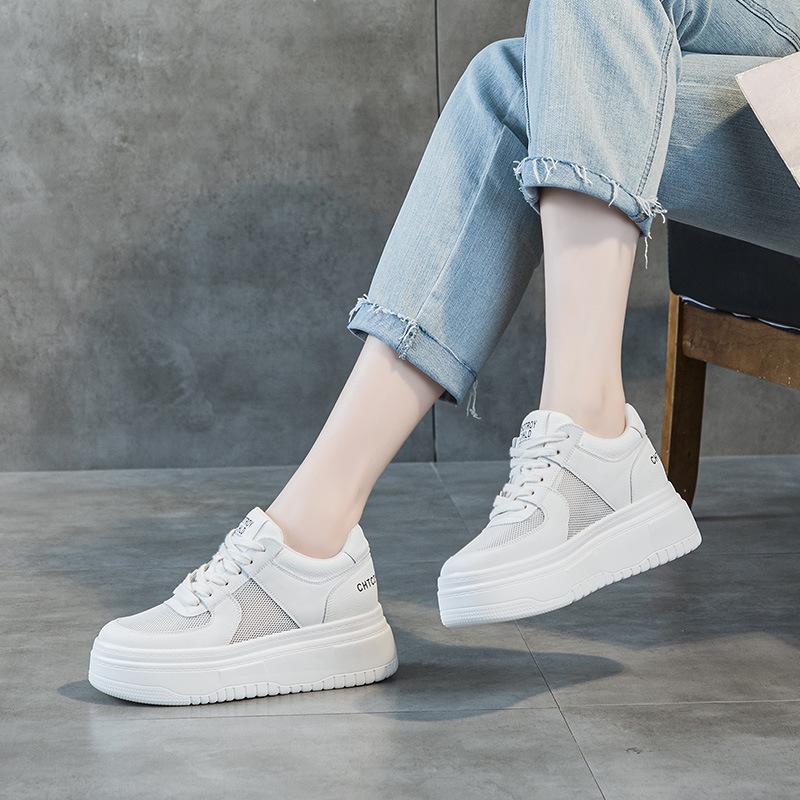 Leather little white shoes women's 2025 spring and summer new mesh breathable sports and leisure shoes thick sole inner height increase 8CM women's s