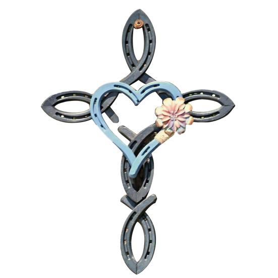 DYS Metal Horseshoe Heart Wall Cross Decor, Hanging Art, Decorative Cross, Rustic Spiritual Art Sculpture for Farmhouse Garden Yard Patio Fence