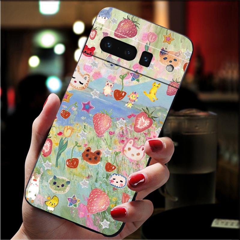For Google Pixel 10 9 Pro XL Silicone Phone Soft Case For Google Pixel 9A 8A 7A 6A 5 Cover Shell Strawberry Fruit Cat