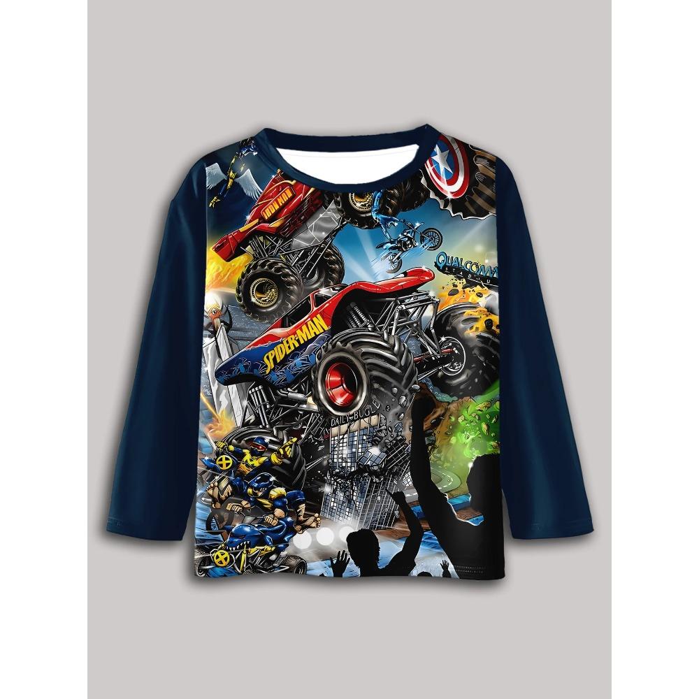 

pring and Autumn Round Neck Cartoon Truck Pattern 3D Printed Top Fashionable Casual Long Sleeved Children s Boy T-shirts 170