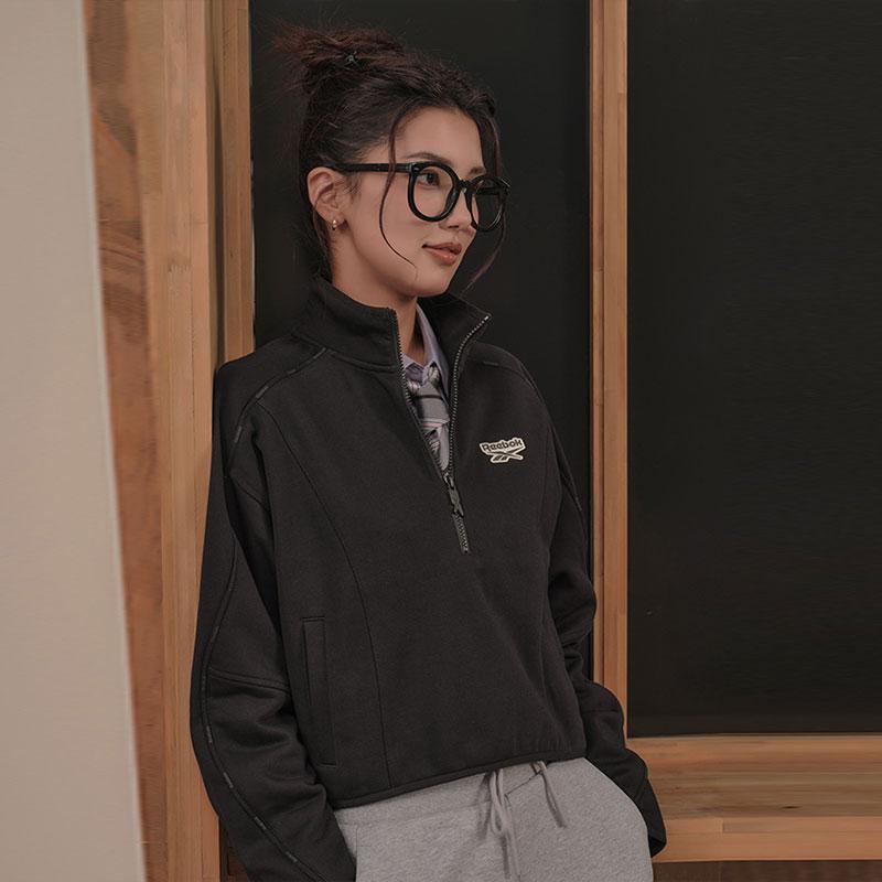 Reebok Solid Color Stand Collar Casual Knit Half Zip Sweatshirt Women Sweatshirts Black 23FRC308WGH0