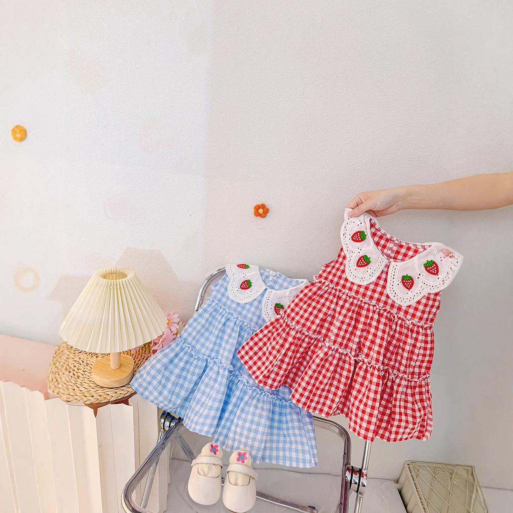 Girls Sleeveless Plaid Dress With Doll Collar Cute Princess Casual Summer Spring Autumn Outfit For Kids
