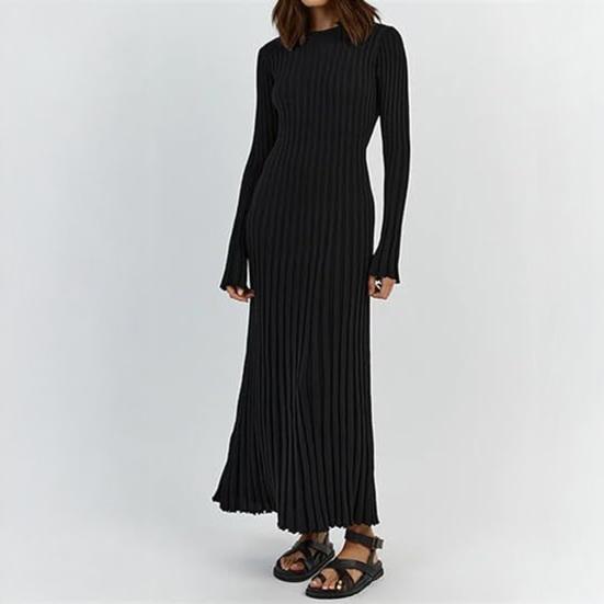 Women's Long Sleeve Ribbed Knitted Maxi Dress Crew Neck Bodycon Sweater Dress Elastic Slim Tie Waist Pencil Long Dress