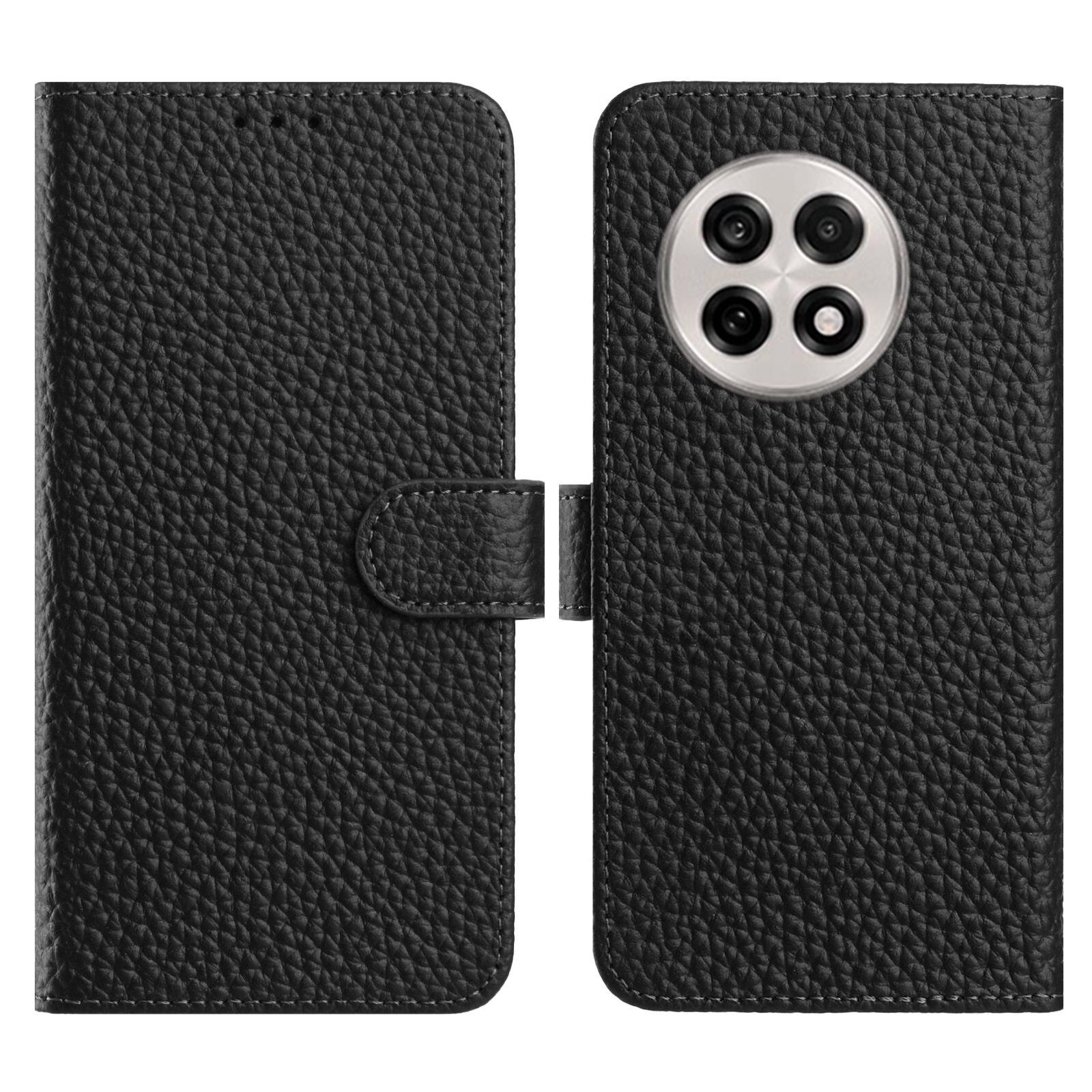

For OnePlus 13 Case Wallet Stand Litchi Texture Genuine Cow Leather Flip Phone Cover Black