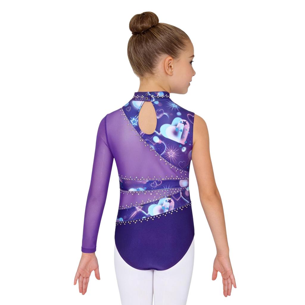 Girls Gymnastic Leotard Sparkly Rhinestones Patchwork Asymmetric Sleeve Design Back Hole Out Crotch Press Buttons Dance Unitard Competition Bodysuit