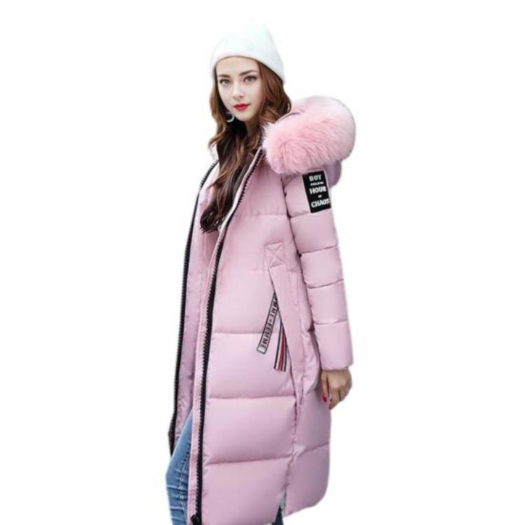 Winter Women Parka Cotton Jacket Windproof Padded Coat Zip Up Long Sleeves Furry Hood Heat Retention Knee Length Solid Color Outwear with Pockets