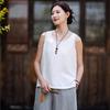 Johnature Women Vintage Tops Summer Chinese Style Solid Color Sleeveless O-Neck Embroidery Tops