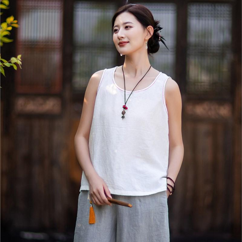 Johnature Women Vintage Tops Summer Chinese Style Solid Color Sleeveless O-Neck Embroidery Tops