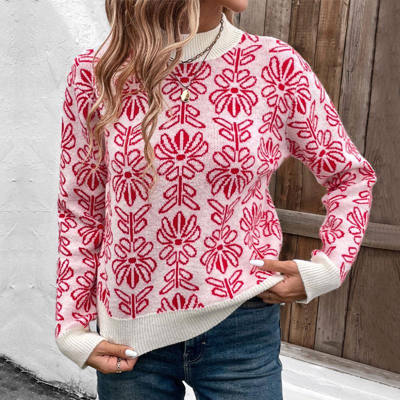 Valentine's Day Christmas Semi-turtleneck Knitted Sweater Autumn and Winter European and American Flowers Jacquard Pink Sweater Women