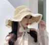 Women’s Lace Trim Crochet Straw Sun Hat Wide Brim Floppy Beach Hat with Bowknot for Summer Vacation UV Protection
