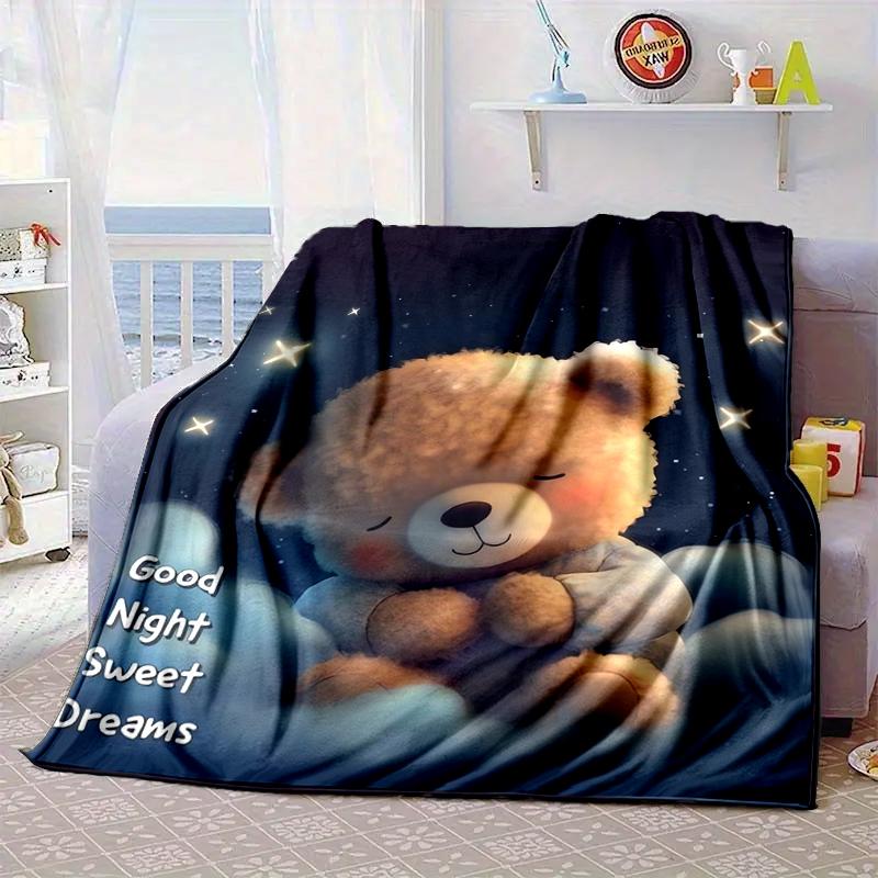 Teddy Bear Night Sky Blanket Flannel Blanket for Bed, Sofa, Camping, Hiking, Picnic Essentials, Gift for Family Fan Gifts