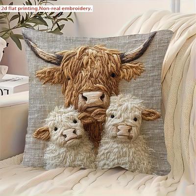 Dekorativer Kissenbezug "Schottische Kuhfamilie" aus weichem Polyester, 45cm x 45cm, mit Reißverschluss