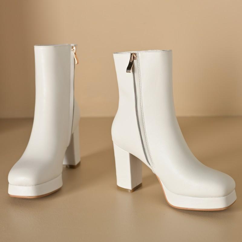 Western Women's Ankle Boots 2025 Winter Genuine Leather Block Heels Chelsea Boots Black White Dance Party Shoes Large Size 45